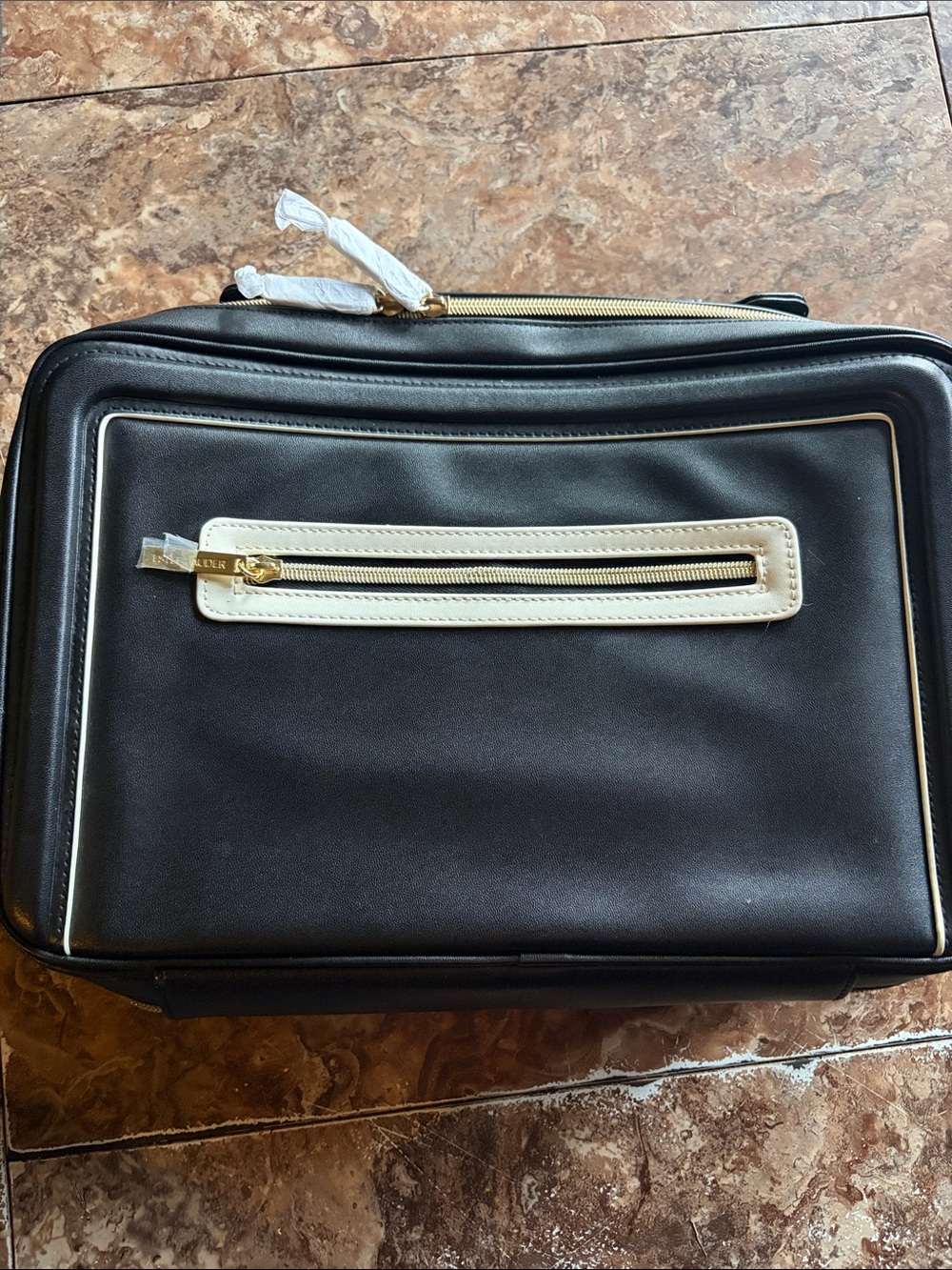 Estee Lauder Black and Cream Travel Cosmetic Case with Gold Accents